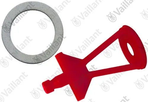 Rotes Bauteil von Vaillant mit einem flexiblen Ende und einer ringförmigen Dichtung. Bestandteil einer Heizungsanlage zur Regulierung des Durchflusses.